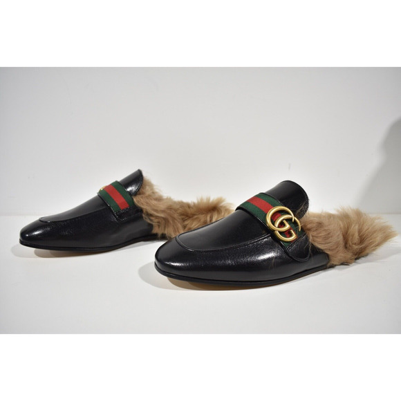 Gucci Mens Princetown Black Leather Fur Slip On Slide Backless Loafer Flat G 7 8 - Picture 10 of 12